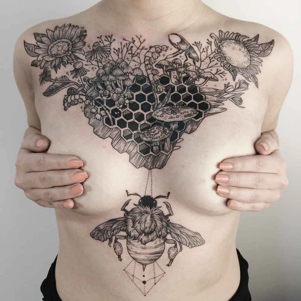 Blackwork Bee, Honeycomb tattoo on Chest