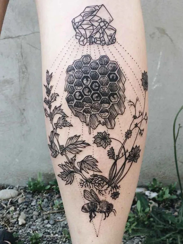 black and grey linework tattoo on calf #466 | Tattoo Artist Pony Reinhardt