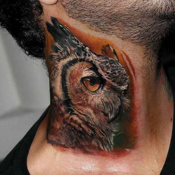 Realism Owl tattoo on Neck