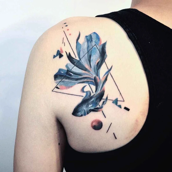 Watercolor Fish, Geometric shapes tattoo on Shoulder