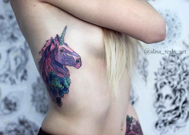 Illustrative Unicorn, Flowers tattoo on Ribcage