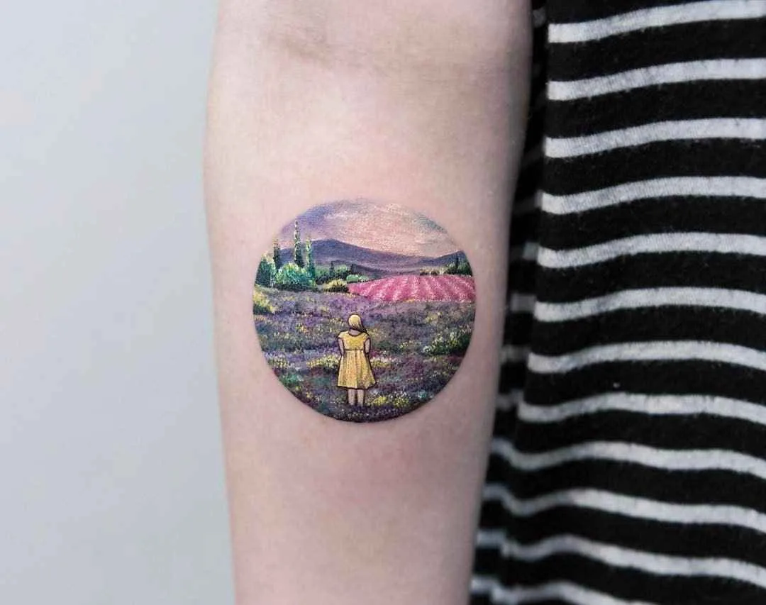 тату мастер Eva Krbdk цветные татуировки в круге акварель графика | Tattoo artist Eva Krbdk color round tattoo watercolor graphic