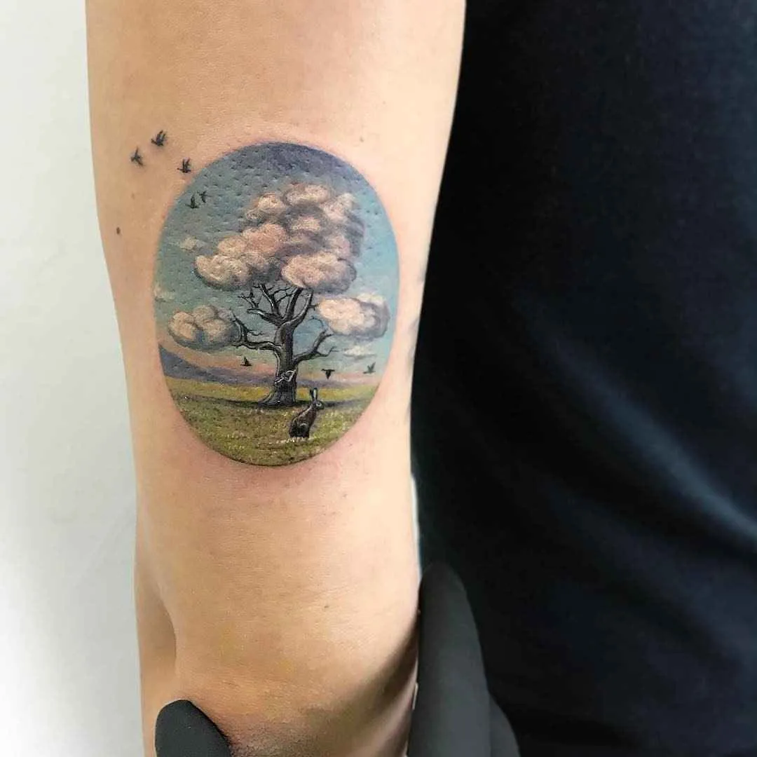 тату мастер Eva Krbdk цветные татуировки в круге акварель графика | Tattoo artist Eva Krbdk color round tattoo watercolor graphic