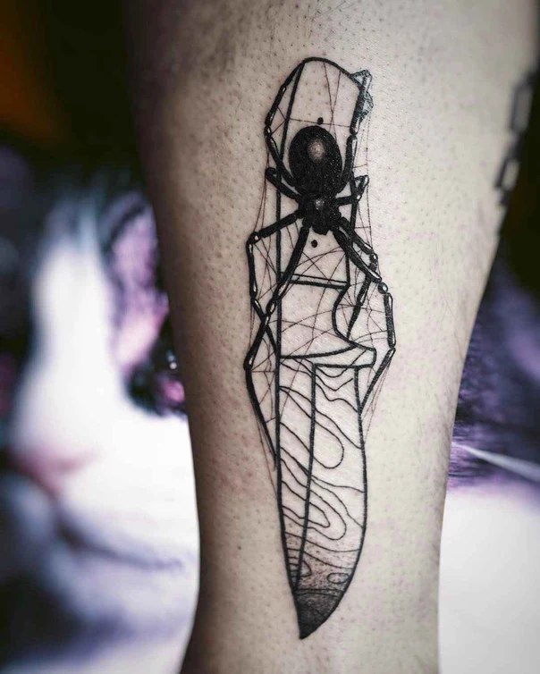 Linework Spider, Knife tattoo on Calf