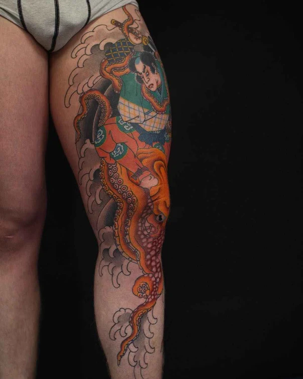 Японская Octopus, Samurai tattoo на Thigh