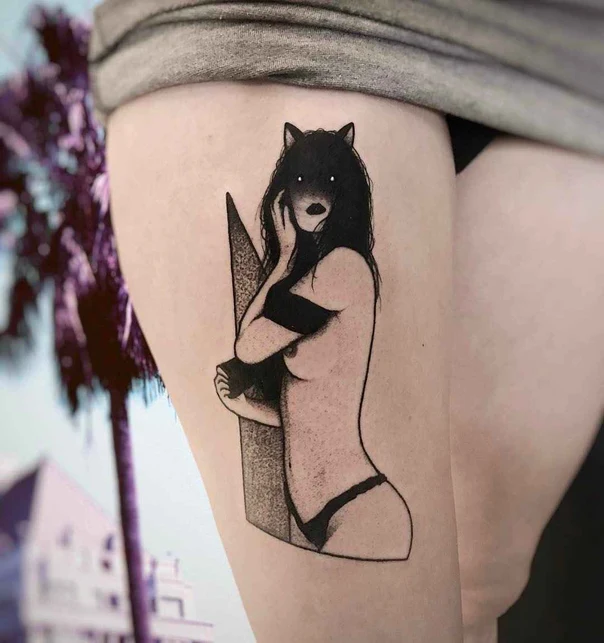 Blackwork Figure, Wolf tattoo on Thigh