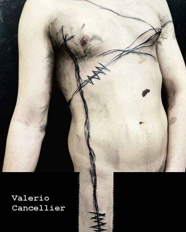 Sketch Stitches, Abstract tattoo on Chest
