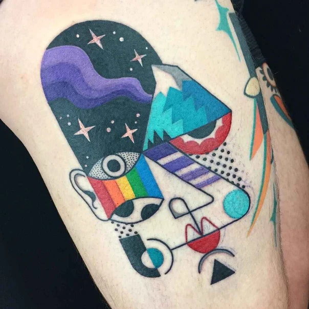 Abstract Face, Mountain tattoo on Thigh