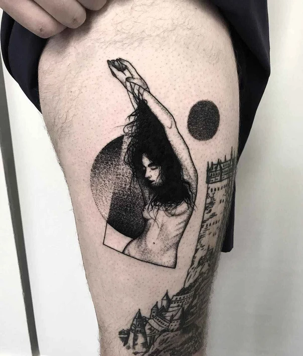 Blackwork Figure, Castle tattoo on Thigh