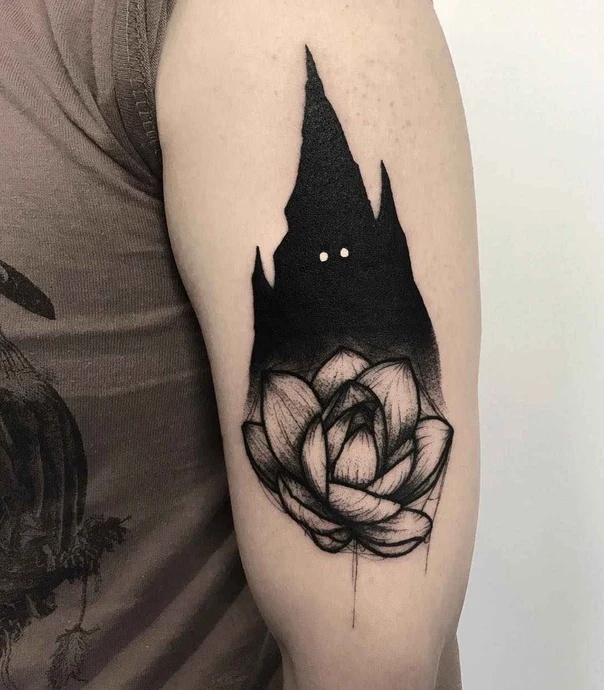 Blackwork Lotus, Castle tattoo on Forearm