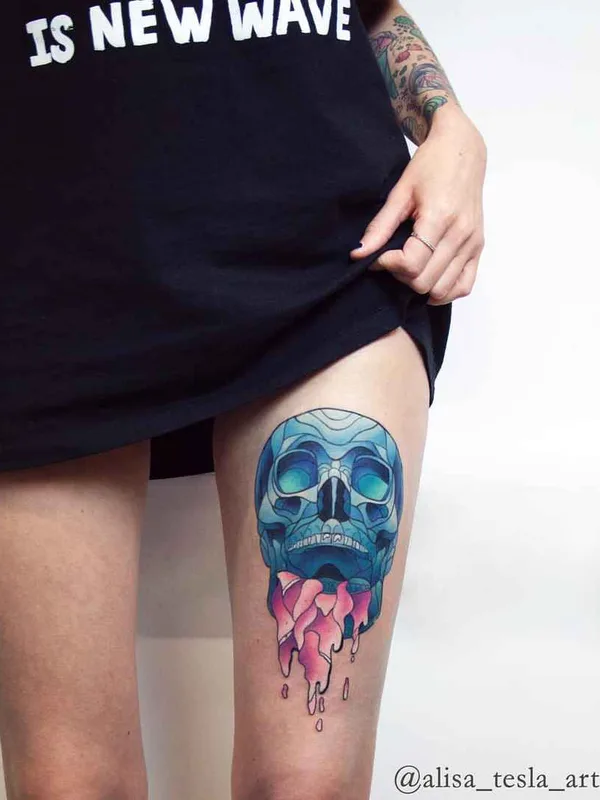 female color geometric tattoo on thigh #10959 | Tattoo Artist Alisa Tesla