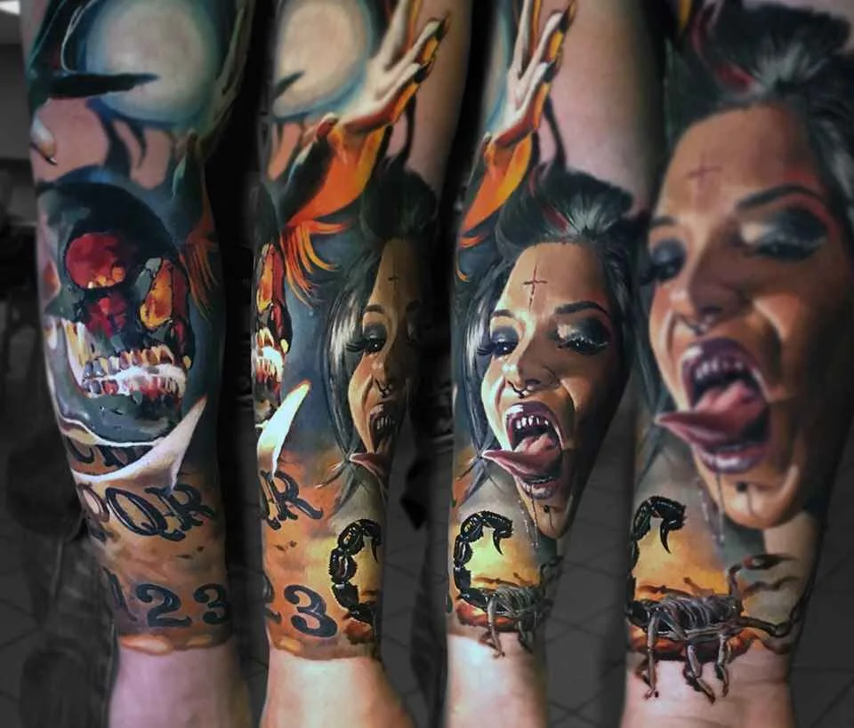 tatuista Valentina Ryabova, realismo colorato, tatuaggio, horror, ritratto | Tattoo artist Valentina Ryabova color realistic tattoo, realism, horror, potrait