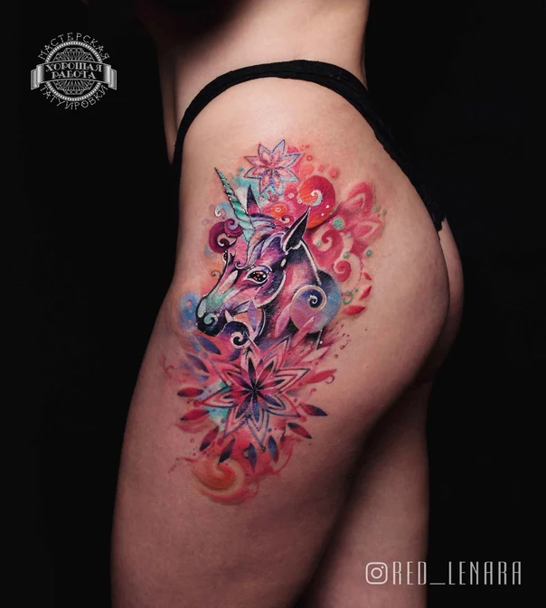 Watercolor Unicorn, Floral tattoo on Hip