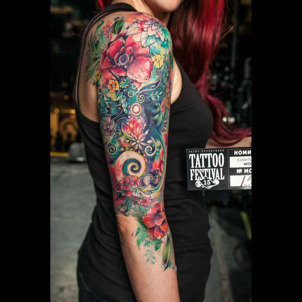 Иллюстративная Flowers, Swirls tattoo на Полный рукав