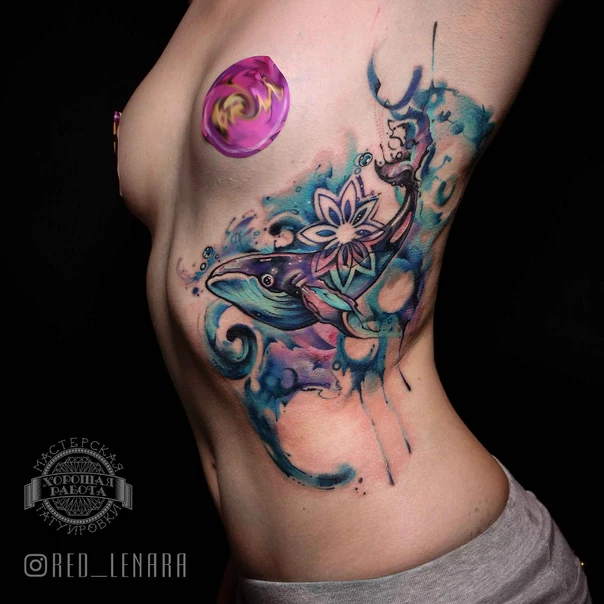 Акварель Whale, Flower tattoo на Бок