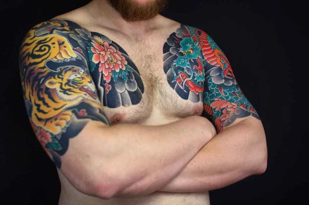 Японская Dragon, Tiger tattoo на Грудь