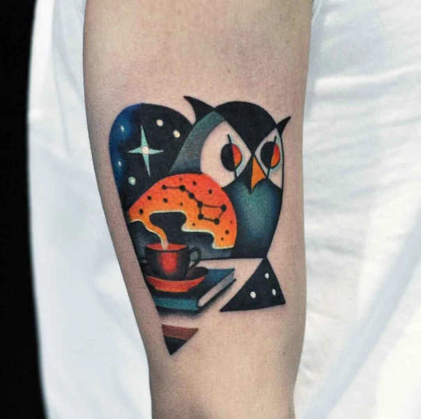 Illustrative Owl, Stars tattoo on Forearm