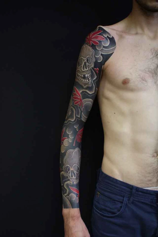 Японская Skull, Botanic tattoo на Полный рукав