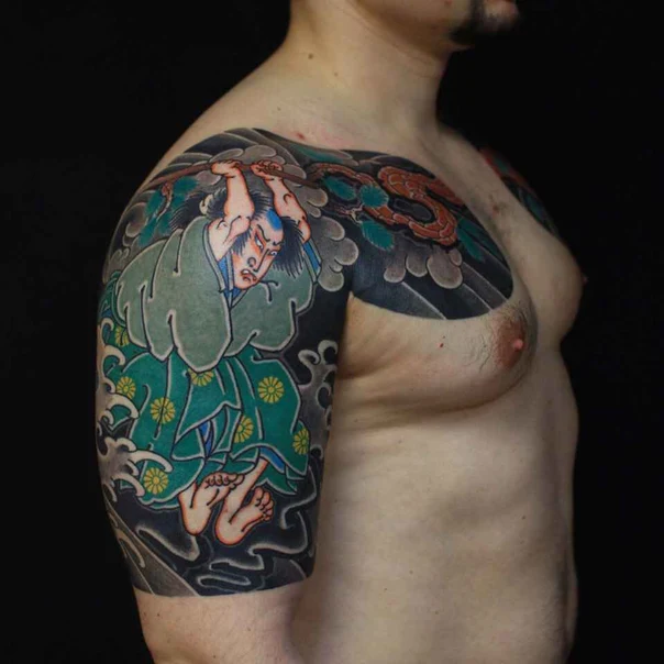 Японская Samurai, Waves tattoo на Полный рукав