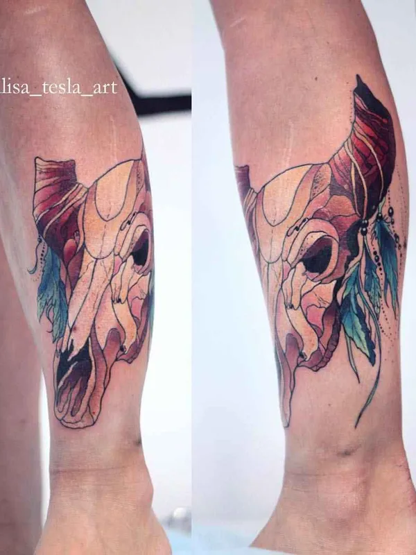 color illustrative tattoo on calf #10951 | Tattoo Artist Alisa Tesla