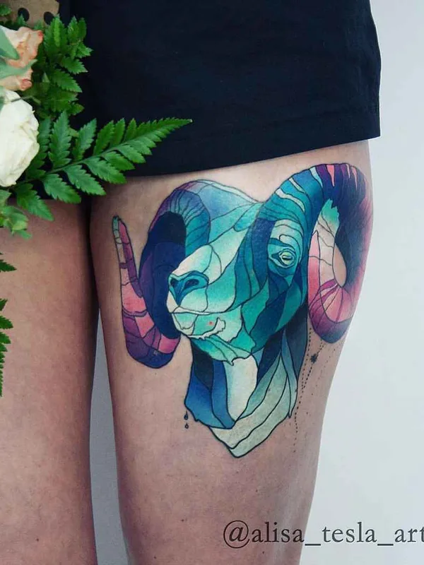 female color geometric tattoo on thigh #10961 | Tattoo Artist Alisa Tesla