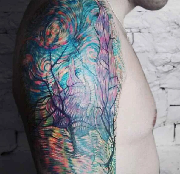 Акварель Trees, Landscape tattoo на Полный рукав
