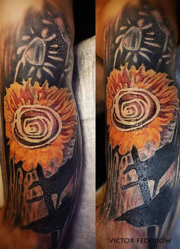 Иллюстративная Sunflower, Spider tattoo на Предплечье