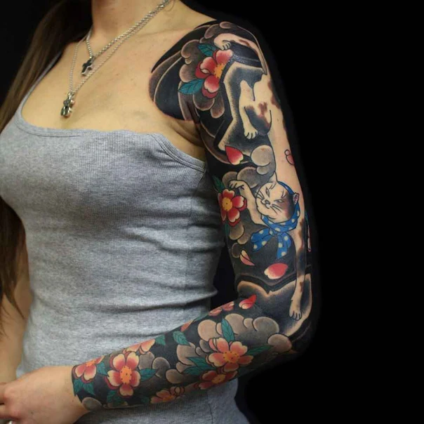 Японская Cat, Flowers tattoo на Полный рукав