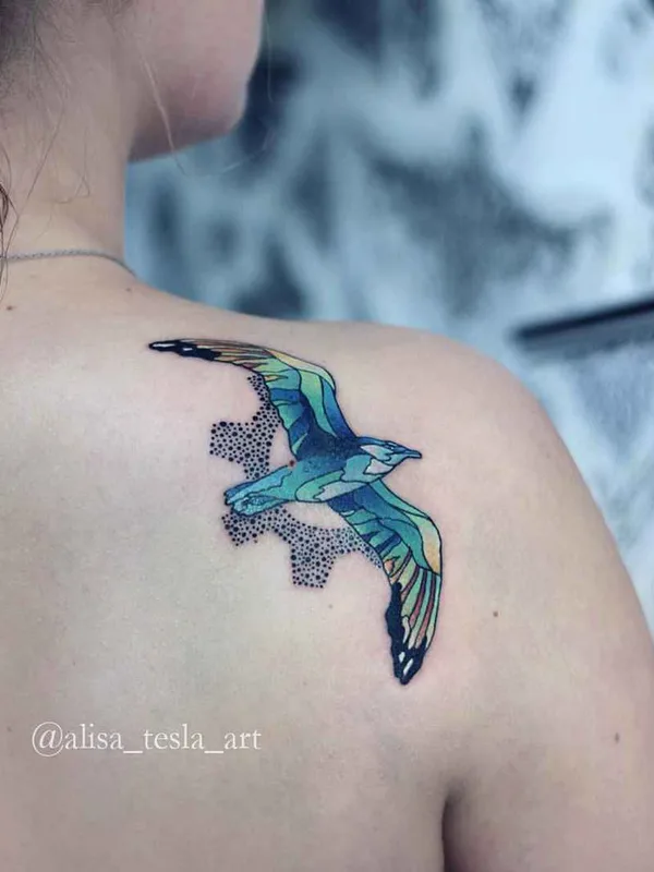 female color watercolor tattoo on shoulder blade #10953 | Tattoo Artist Alisa Tesla