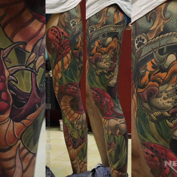 Japanese Tiger, Snake tattoo on Full leg