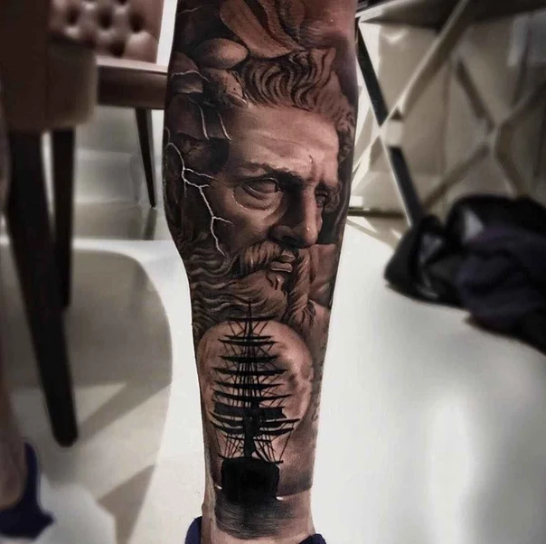 Realism Portrait, Ship tattoo on Calf
