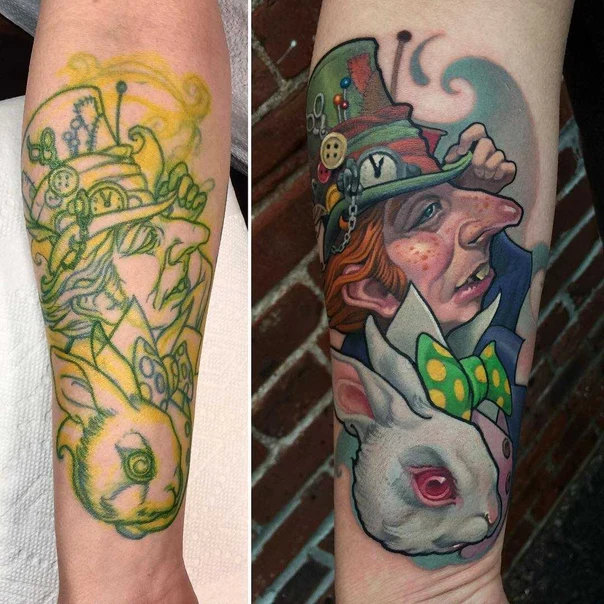 Иллюстративная Alice in wonderland, Mad hatter tattoo на Предплечье
