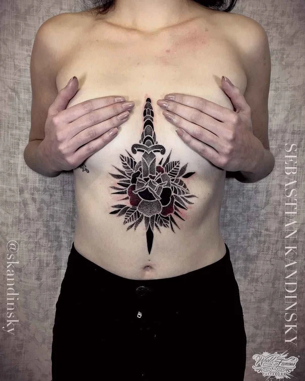 Blackwork Dagger, Rose tattoo on Sternum