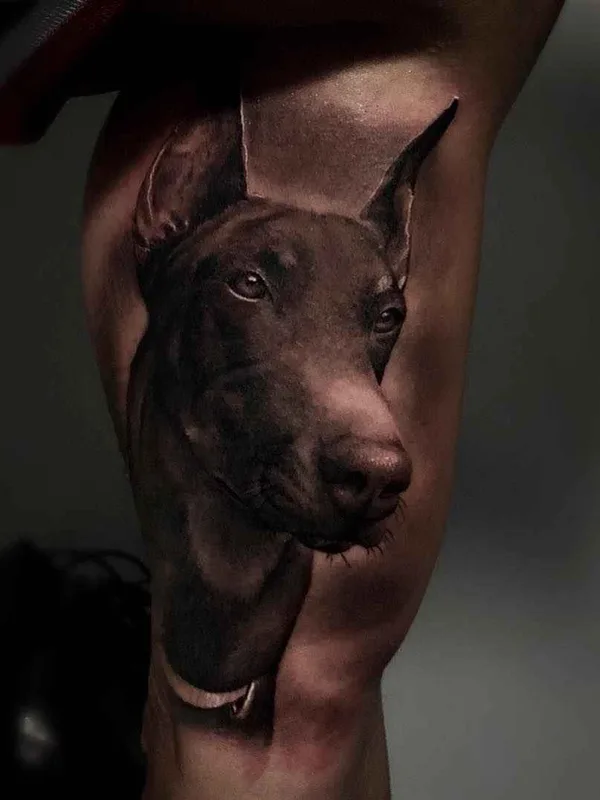 black and grey realism tattoo on thigh #20610 | Tattoo Artist Ganga