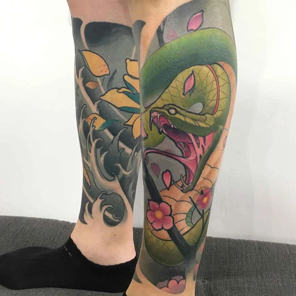 Japanese Snake, Flower tattoo on Calf