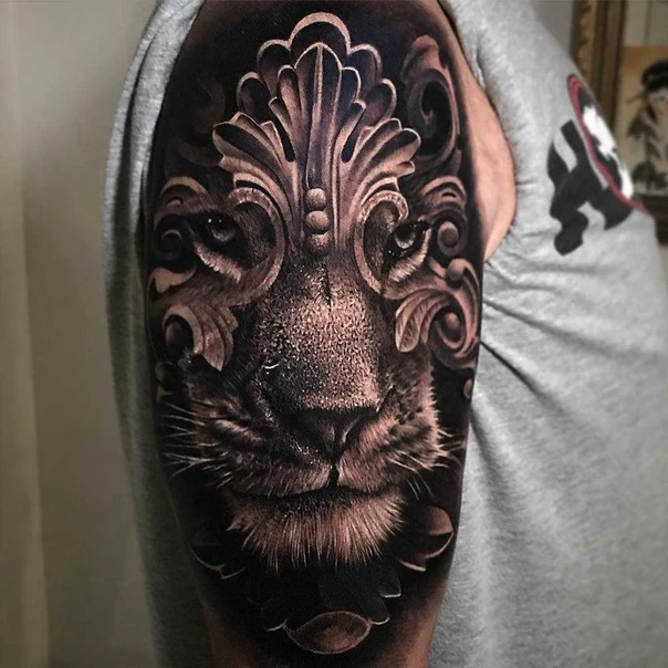 Realism Lion, Ornament tattoo on Upper Arm