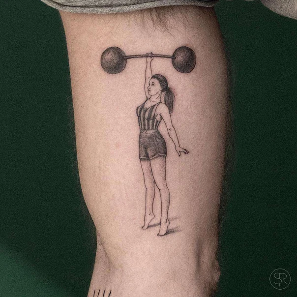 Sketch Figure, Barbell tattoo on Thigh