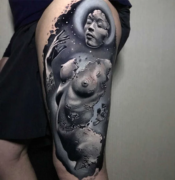 Realism Figure, Face tattoo on Thigh