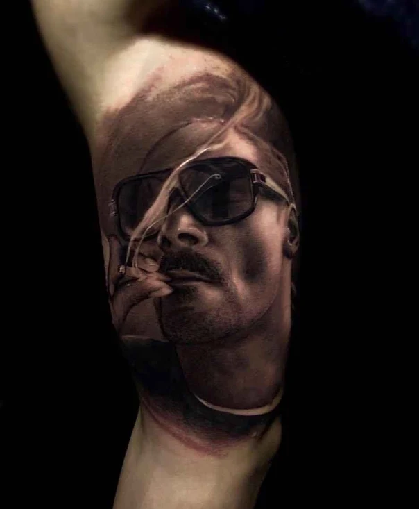 Realism Portrait, Sunglasses tattoo on Outer arm