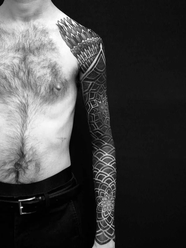 male black and grey geometric Tatuaggio su full sleeve #20637 | Tatuatore Matt Black