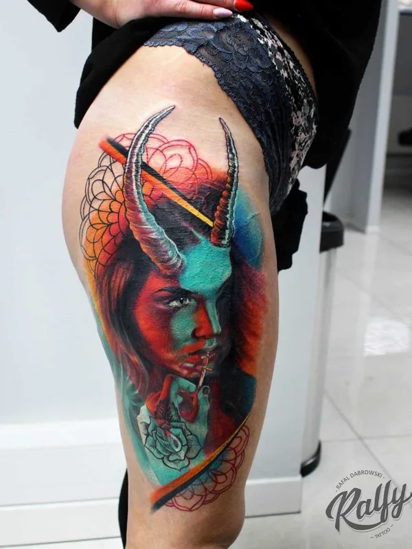 female color realism татуировка на thigh #20920 | Тату мастер Rafał Dąbrowski - Ralfy