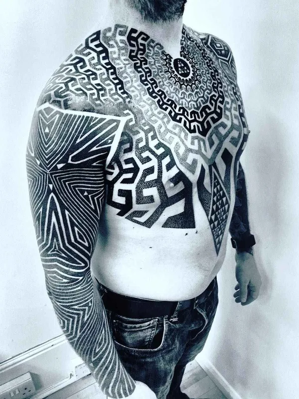 male black and grey geometric Tatuaggio su full sleeve #20638 | Tatuatore Matt Black