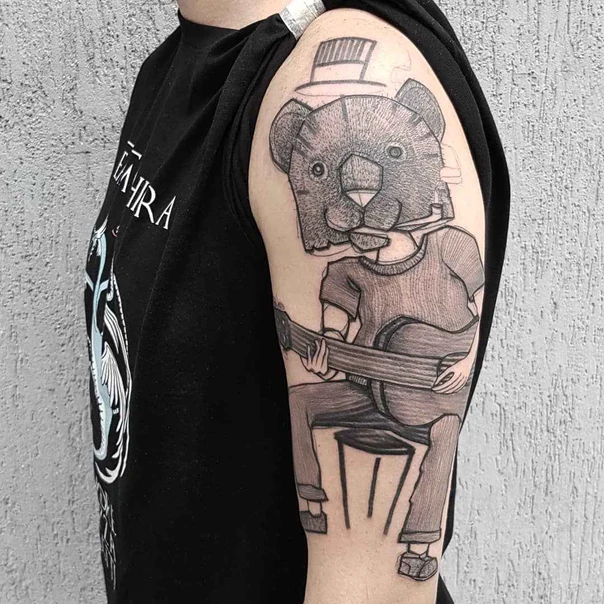 Sketch Animal, Guitar tattoo on Upper Arm