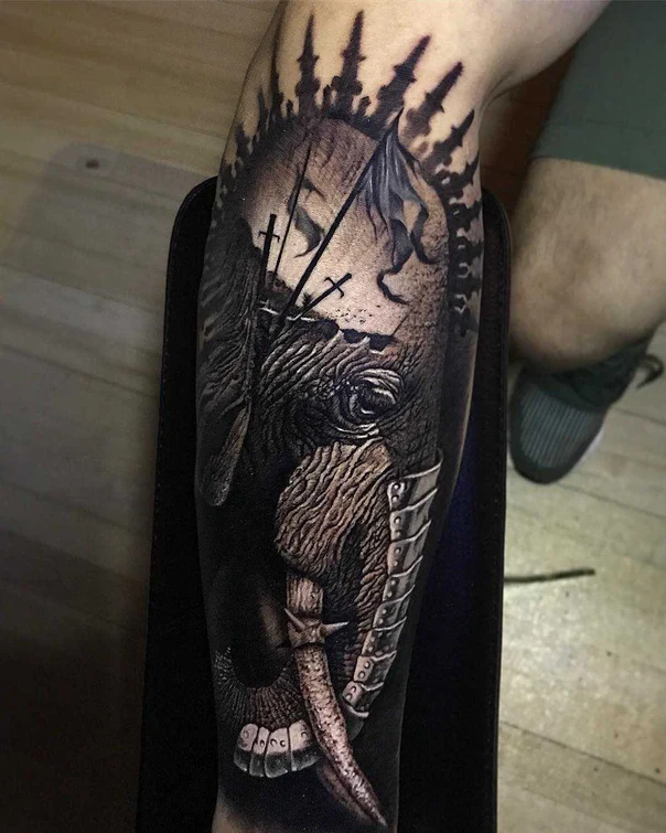 Realism Elephant, Armor tattoo on Forearm