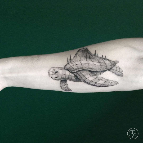 Geometric Turtle, Mountain tattoo on Forearm