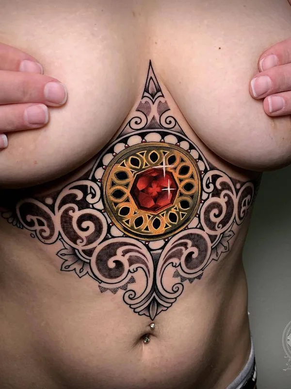 female color ornamental 纹身 在 sternum #30321 | 纹身师 Coen Mitchell