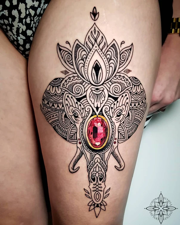 Ornamental Elephant, Lotus tattoo on Thigh