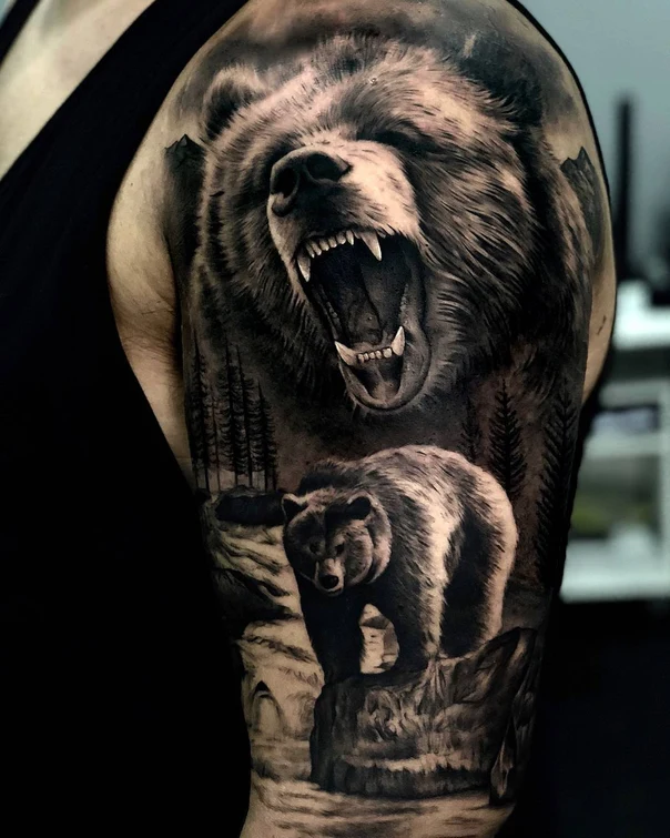 Realism Bear, Forest tattoo on Full Sleeve