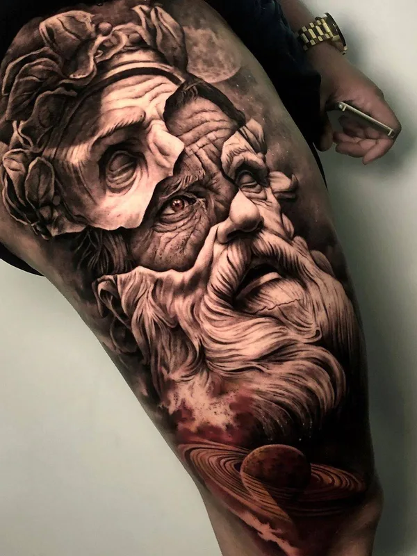 black and grey realism 纹身 在 thigh #30340 | 纹身师 Sergio Fernandez