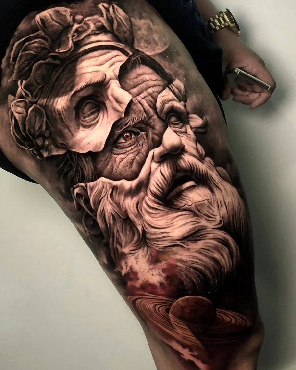 Realism Portrait, Space tattoo on Thigh